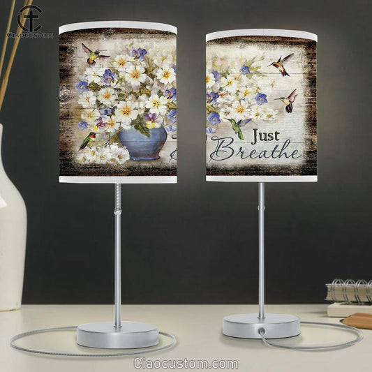 Just Breathe Bacopa Plant Hummingbirds Table Lamp For Bedroom - Bible Verse Table Lamp - Religious Room Decor