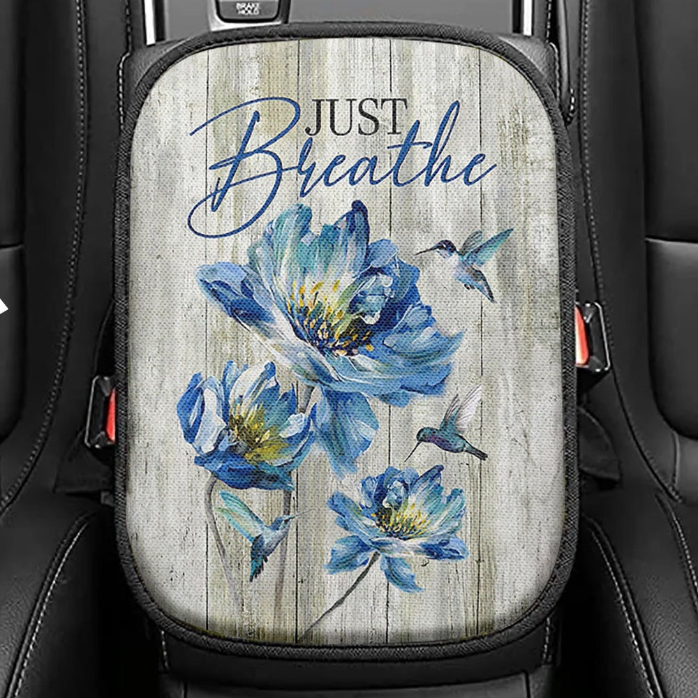Just Breathe Blue Chrysanthemum Flower Hummingbird Seat Box Cover, Bible Verse Car Center Console Cover, Inspirational Car Interior Accessories