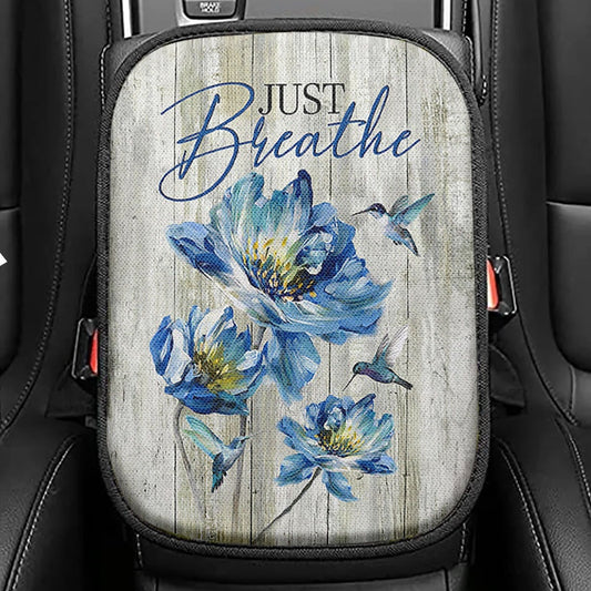 Just Breathe Blue Chrysanthemum Flower Hummingbird Seat Box Cover, Bible Verse Car Center Console Cover, Inspirational Car Interior Accessories