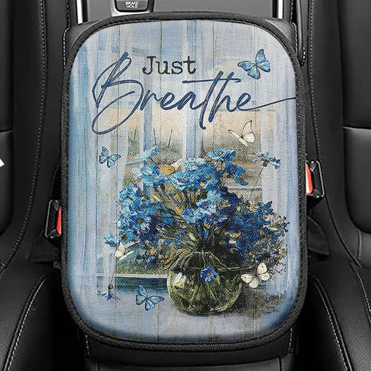 Just Breathe Blue Daisy Butterfly Seat Box Cover, Christian Car Center Console Cover, Religious Car Interior Accessories