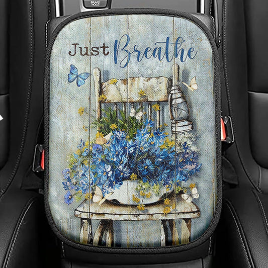 Just Breathe Blue Daisy Vase White Butterfly Seat Box Cover, Bible Verse Car Center Console Cover, Inspirational Car Interior Accessories