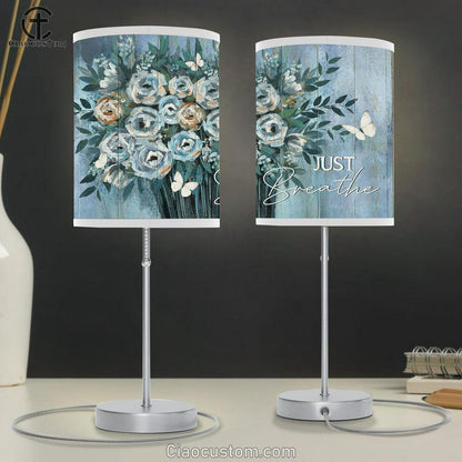 Just Breathe Blue Flower Vase White Butterfly Table Lamp For Bedroom - Bible Verse Table Lamp - Religious Room Decor