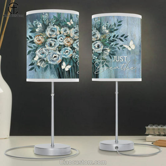 Just Breathe Blue Flower Vase White Butterfly Table Lamp For Bedroom - Bible Verse Table Lamp - Religious Room Decor