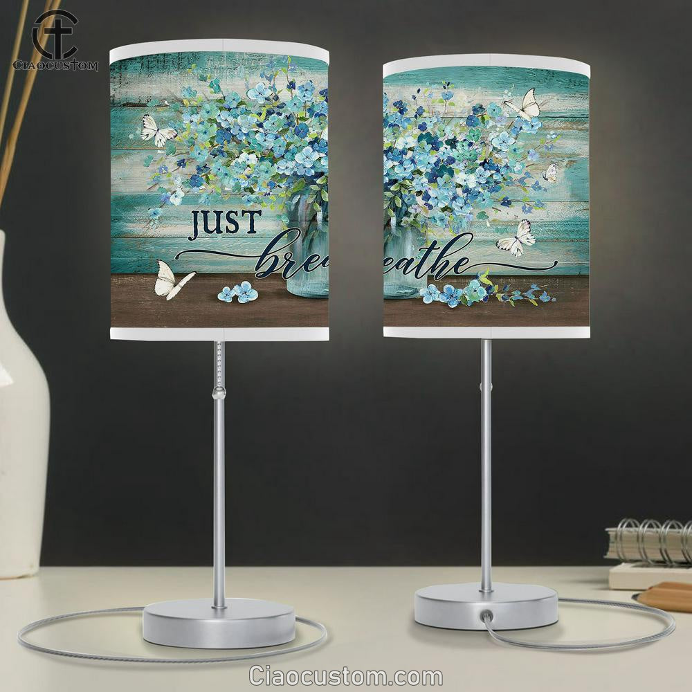 Just Breathe Blue Flower White Butterfly Table Lamp For Bedroom - Bible Verse Table Lamp - Religious Room Decor