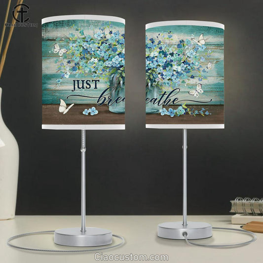 Just Breathe Blue Flower White Butterfly Table Lamp For Bedroom - Bible Verse Table Lamp - Religious Room Decor