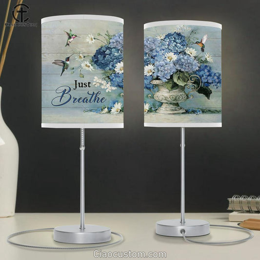 Just Breathe Blue Hydrangea Daisy Flower Green Hummingbirds Table Lamp For Bedroom - Bible Verse Table Lamp - Religious Room Decor