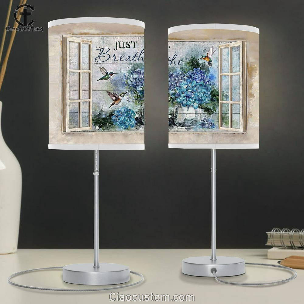 Just Breathe Blue Hydrangea Green Hummingbird Window Frame Table Lamp For Bedroom - Bible Verse Table Lamp - Religious Room Decor