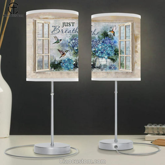 Just Breathe Blue Hydrangea Green Hummingbird Window Frame Table Lamp For Bedroom - Bible Verse Table Lamp - Religious Room Decor