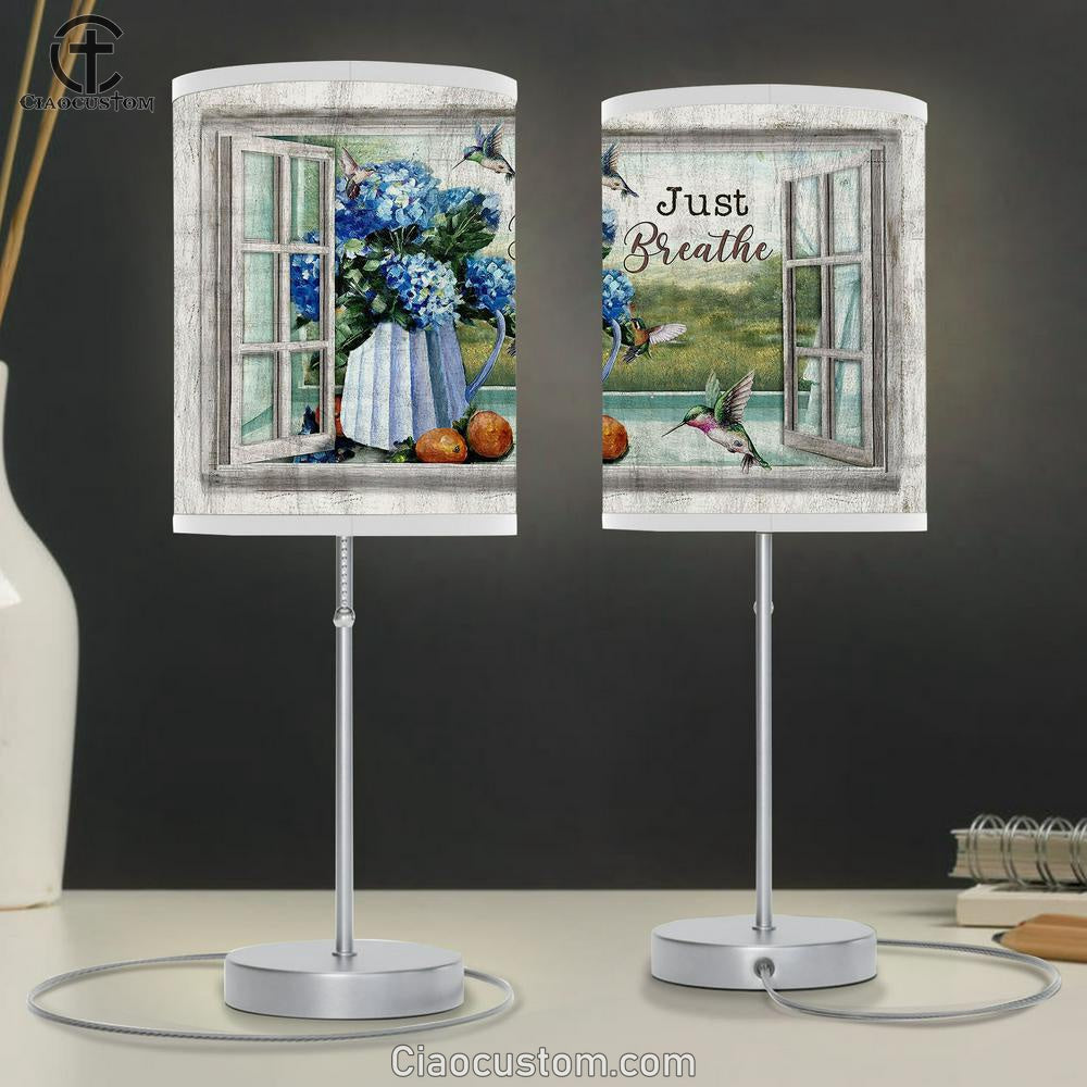 Just Breathe Blue Hydrangea Hummingbird Table Lamp For Bedroom - Bible Verse Table Lamp - Religious Room Decor