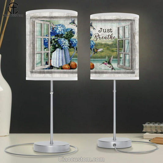 Just Breathe Blue Hydrangea Hummingbird Table Lamp For Bedroom - Bible Verse Table Lamp - Religious Room Decor