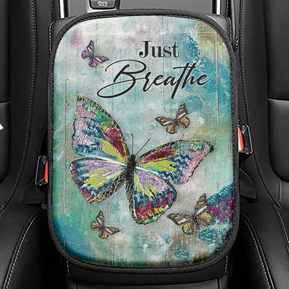 Just Breathe Brilliant Butterfly Seat Box Cover, Bible Verse Car Center Console Cover, Inspirational Car Interior Accessories