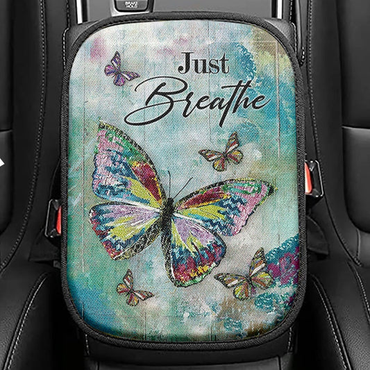 Just Breathe Brilliant Butterfly Seat Box Cover, Bible Verse Car Center Console Cover, Inspirational Car Interior Accessories