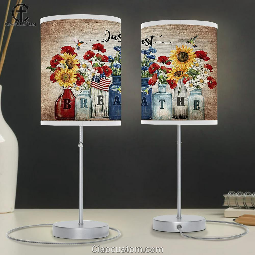 Just Breathe Brilliant Flower Garden Us Flag Hummingbird Table Lamp For Bedroom - Bible Verse Table Lamp - Religious Room Decor