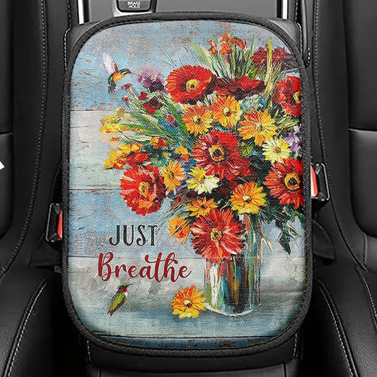 Just Breathe Brilliant Flower Hummingbird Seat Box Cover, Christian Car Center Console Cover, Religious Car Interior Accessories