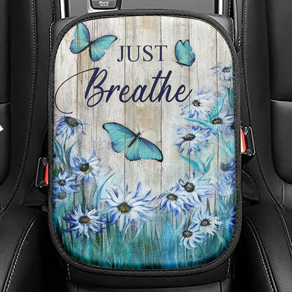 Just Breathe Butterfly Blue Flower Garden Seat Box Cover, Christian Car Center Console Cover, Bible Verse Car Interior Accessories