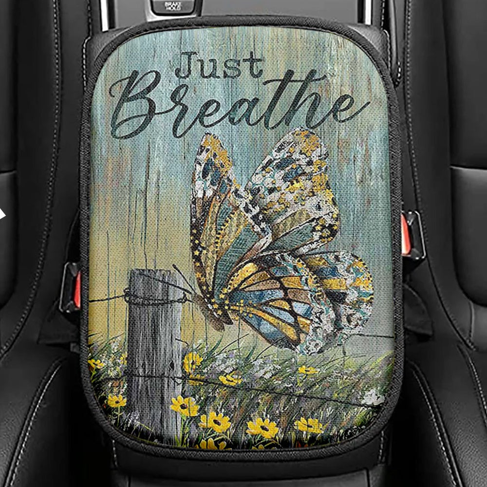 Just Breathe Butterfly Yellow Daisy Seat Box Cover, Christian Car Center Console Cover, Bible Verse Car Interior Accessories