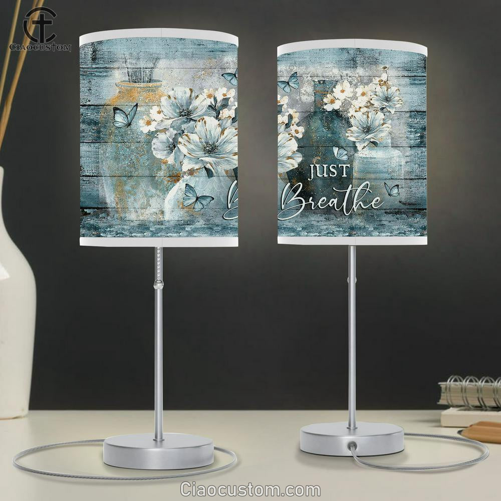Just Breathe Camellia Blue Butterfly Table Lamp Art - Bible Verse Lamp Art - Room Decor Christian