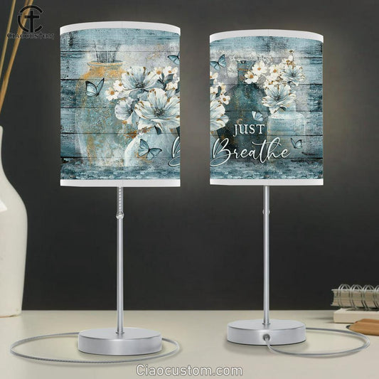 Just Breathe Camellia Blue Butterfly Table Lamp Art - Bible Verse Lamp Art - Room Decor Christian