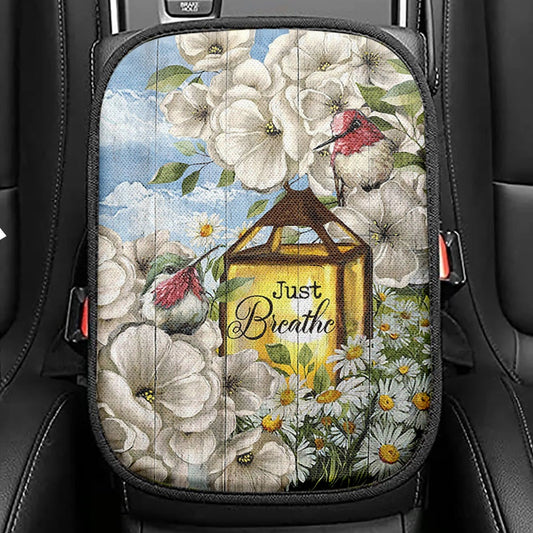 Just Breathe Camellia Forest Hummingbird Seat Box Cover, Bible Verse Car Center Console Cover, Christian Car Interior Accessories
