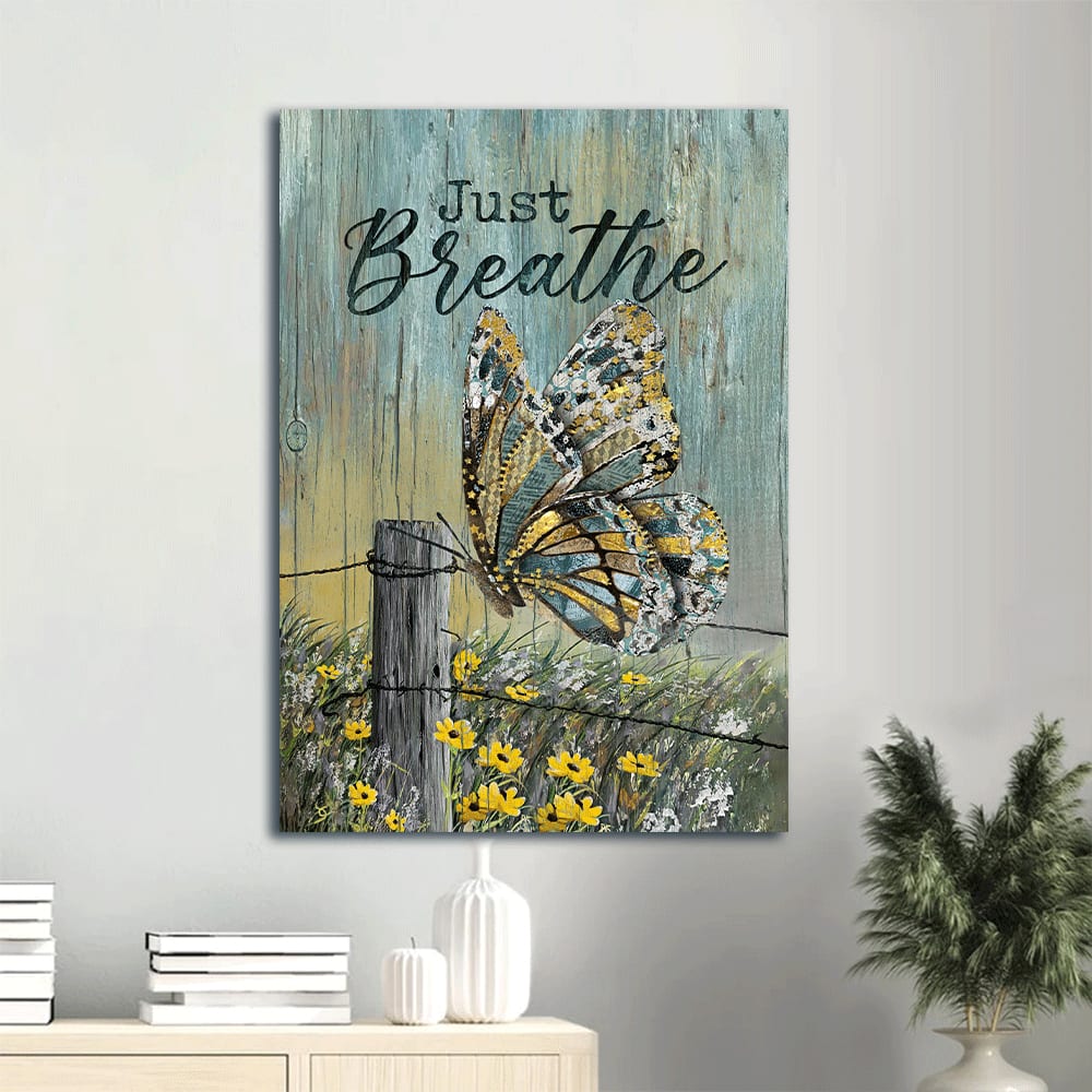 Just Breathe Canvas Wall Art - Beautiful Butterfly - Yellow Daisy Portrait Canvas