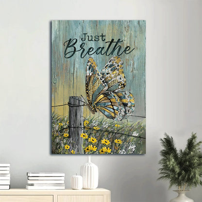 Just Breathe Canvas Wall Art - Beautiful Butterfly - Yellow Daisy Portrait Canvas