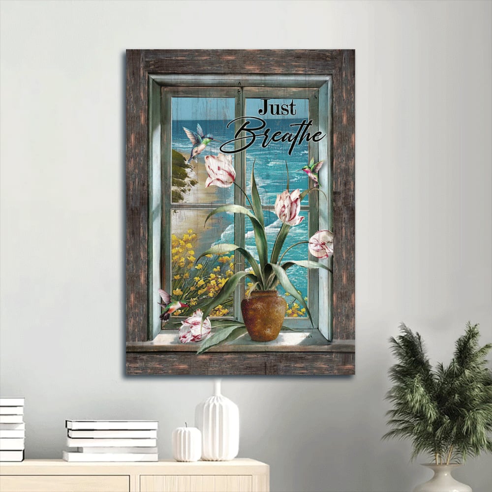 Just Breathe Canvas Wall Art - Beautiful Flower Vase - Blue Ocean - Sunny Day - Hummingbird