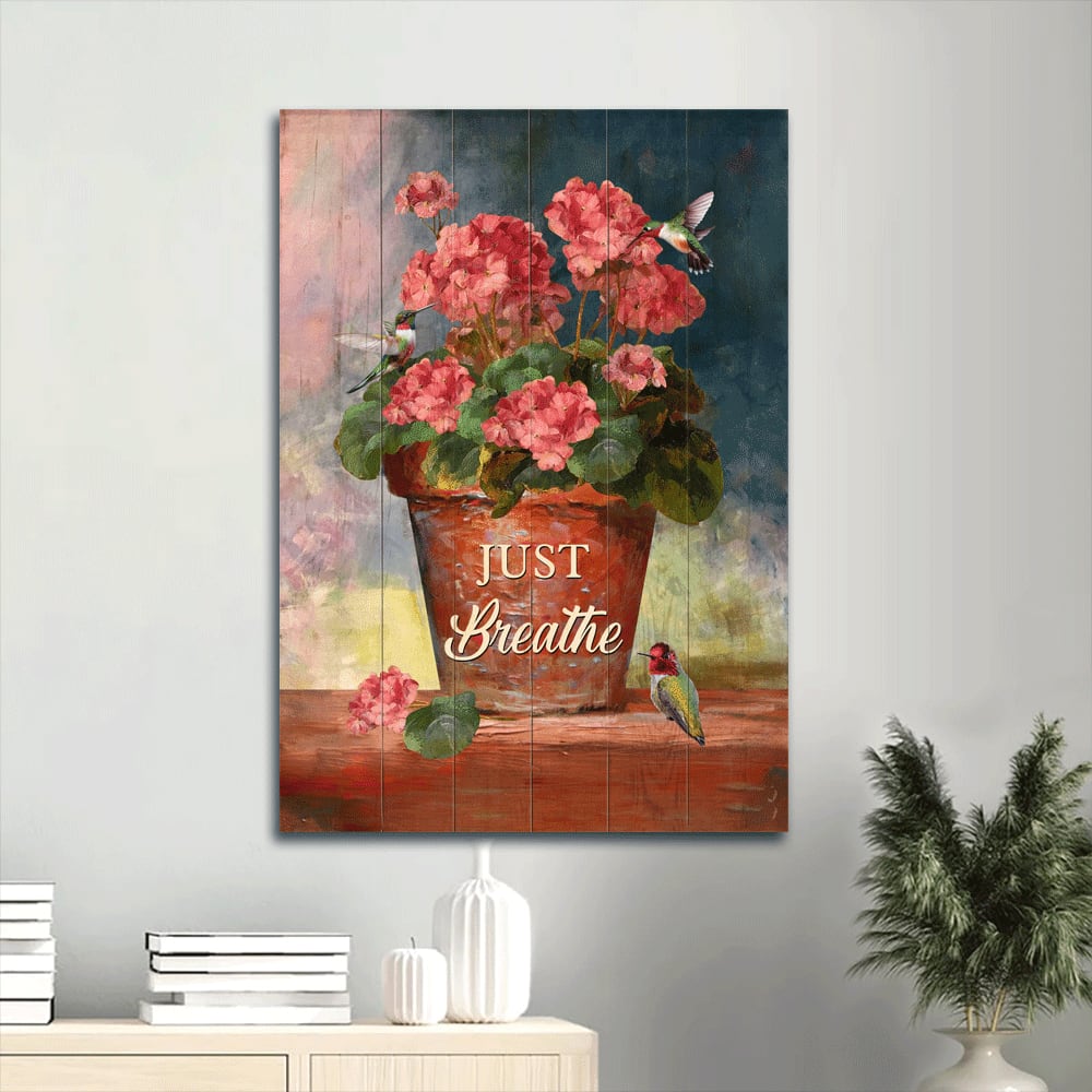 Just Breathe Canvas Wall Art - Beautiful Flowerpot Canvas - Hummingbird