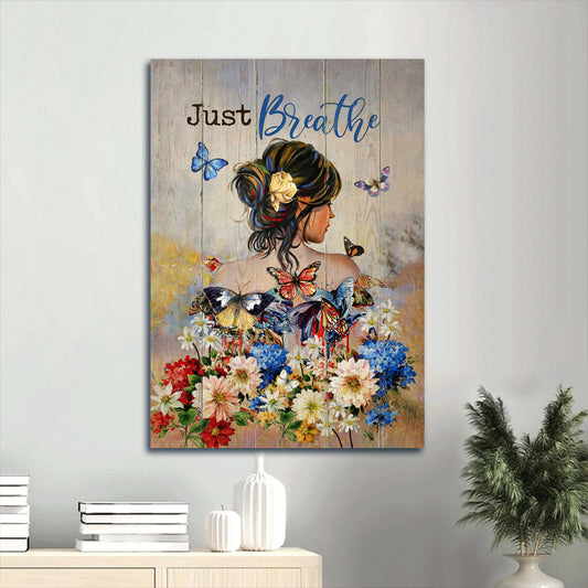 Just Breathe Canvas Wall Art - Beautiful Girl - Colorful Butterfly - Flowers Garden - Gift For Girl