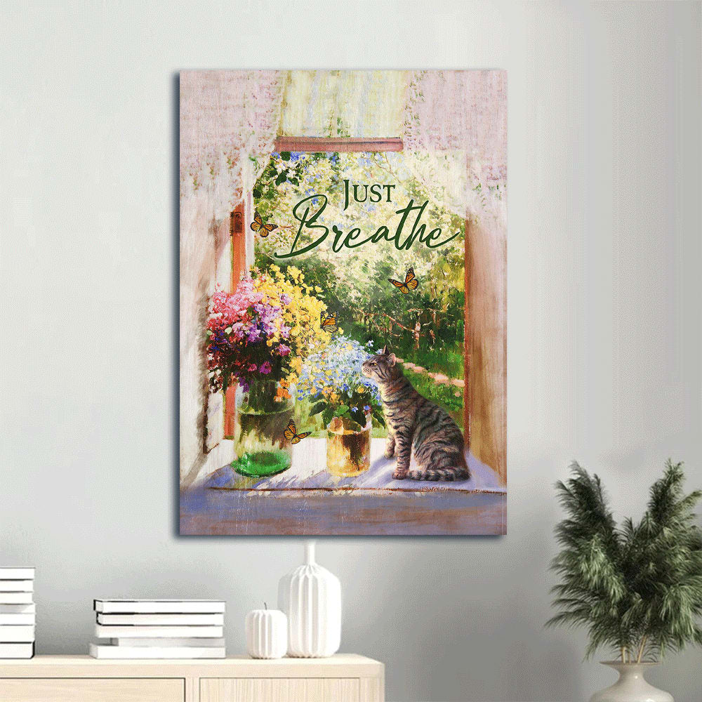 Just Breathe Canvas Wall Art - Brilliant Flower Garden- Colorful Flower- Pretty Cat - Spring Painting