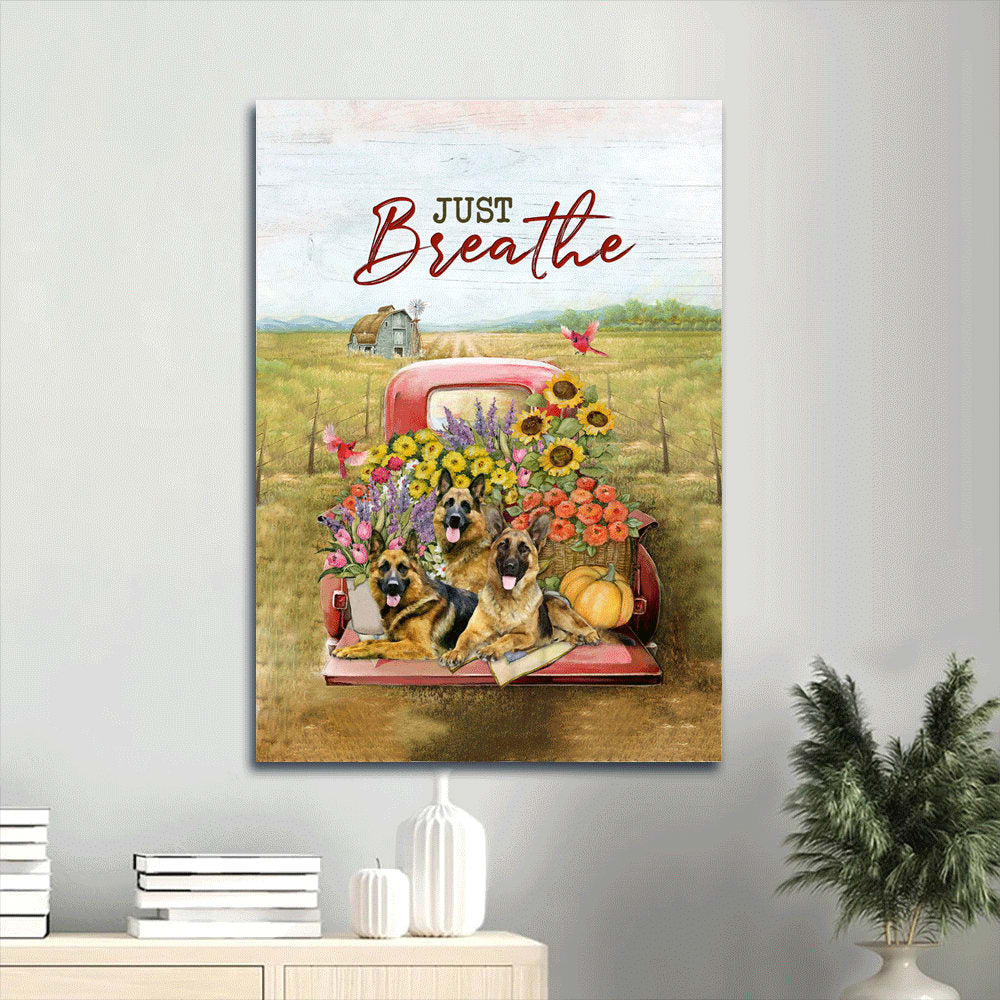 Just Breathe Canvas Wall Art - Brilliant Flowers & German Shepherd Dog Canvas - Gift For Dog Lovers