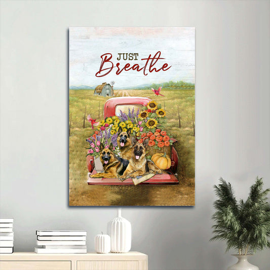 Just Breathe Canvas Wall Art - Brilliant Flowers & German Shepherd Dog Canvas - Gift For Dog Lovers