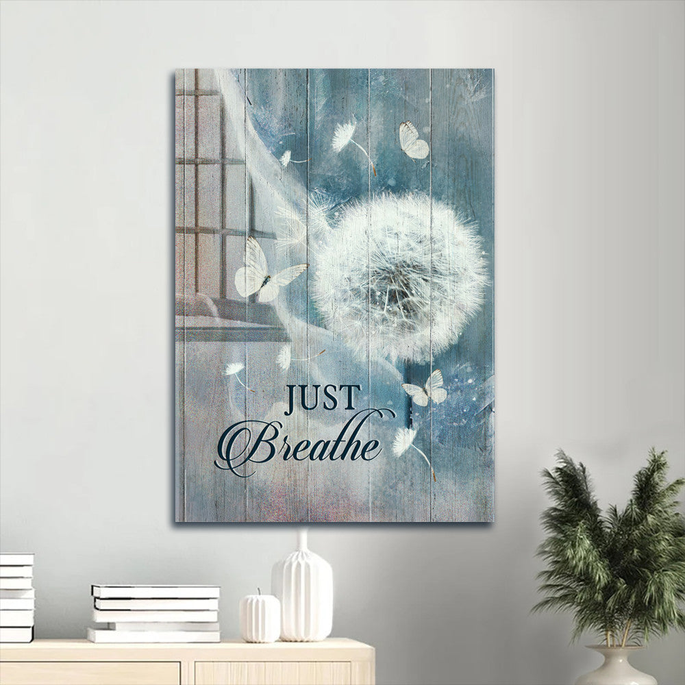 Just Breathe Canvas Wall Art - Dandelion And Crystal Butterfly Portrait Canvas - Gift For Christian