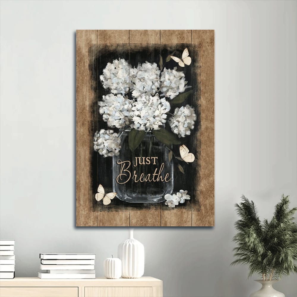 Just Breathe Canvas Wall Art - Vintage Flower & White Butterfly Portrait Canvas- Gift For Christian