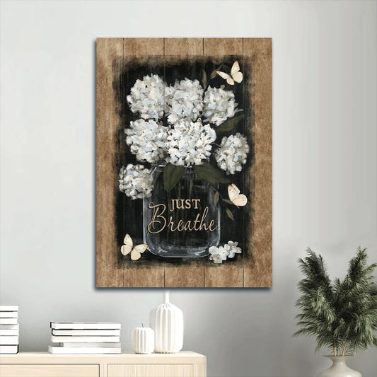 Just Breathe Canvas Wall Art - Vintage Flower & White Butterfly Portrait Canvas- Gift For Christian