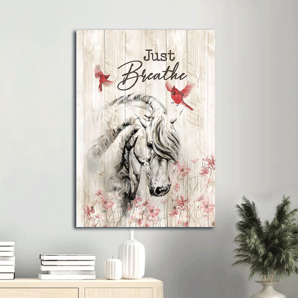 Just Breathe Canvas Wall Art - White Horse - Red Cardinal - Pink Flower Garden Portrait Canvas