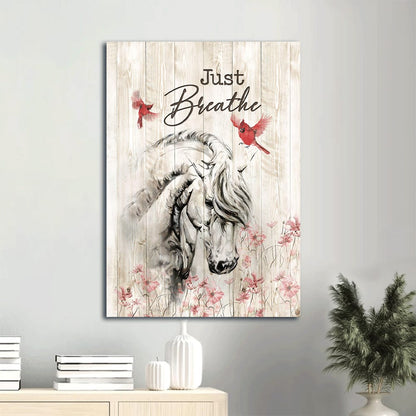 Just Breathe Canvas Wall Art - White Horse - Red Cardinal - Pink Flower Garden Portrait Canvas