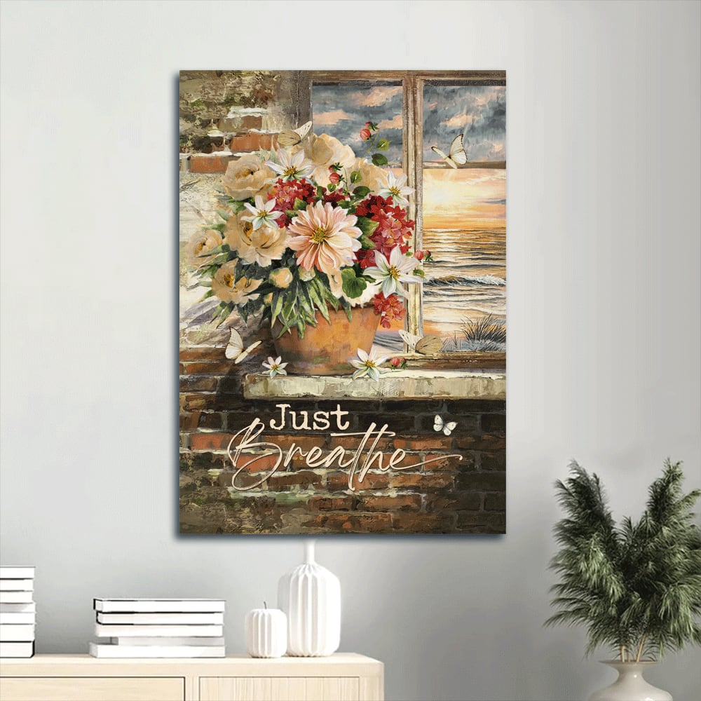 Just Breathe Canvas Wall Art - White Peony Ocean View White Butterfly Beautiful Flowers Canvas