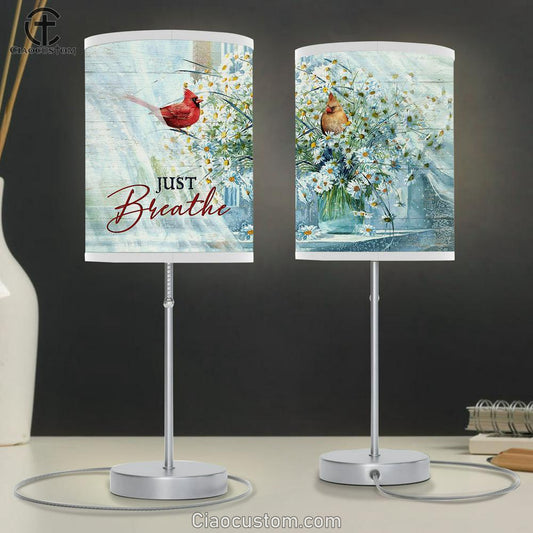 Just Breathe Cardinal Daisy Vase Table Lamp Art - Christian Lamp Art Decor - Bible Verse Table Lamp
