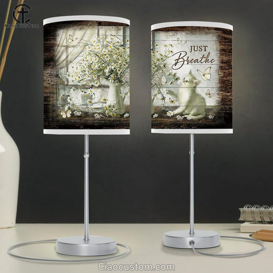 Just Breathe Cat Vintage Flower Daisy Vase Table Lamp Painting - Christian Lamp Art - Gifts For Cat Lovers