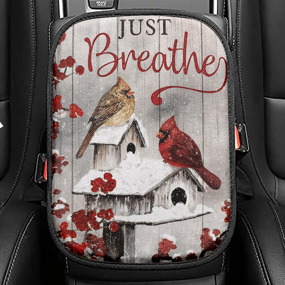 Just Breathe Daisy Flower Dragonfly Seat Box Cover, Christian Car Center Console Cover, Bible Verse Car Interior Accessories