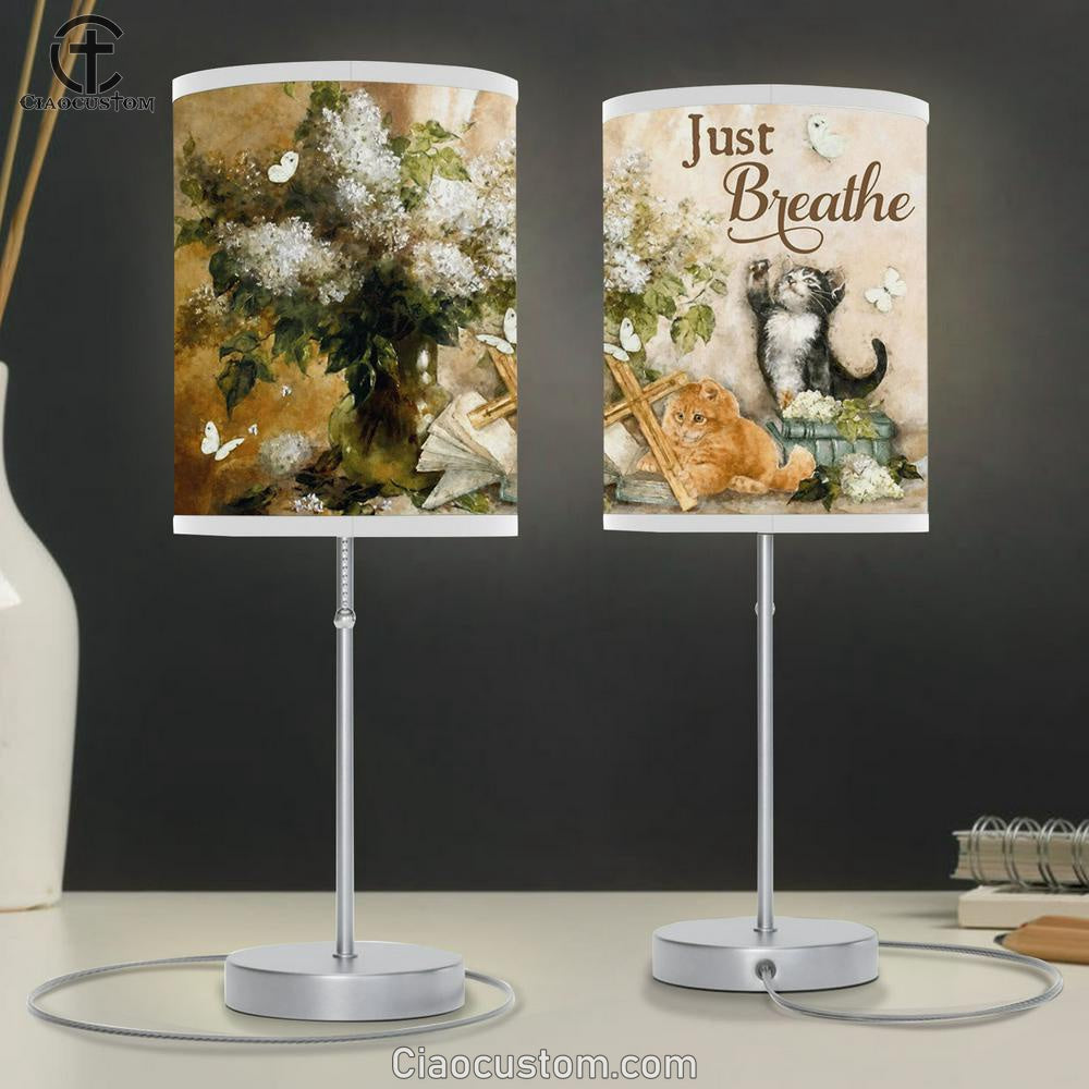 Just Breathe Flower Cat Cross Butterfly Large Table Lamp - Christian Table Lamp Prints - Religious Table Lamp Art