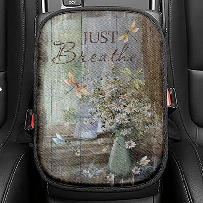 Just Breathe Flower Crown Of Thorns White Butterfly Seat Box Cover, Bible Verse Car Center Console Cover, Christian Car Interior Accessories