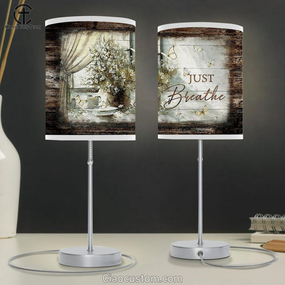 Just Breathe Flower Flower Vase Table Lamp For Bedroom - Bible Verse Table Lamp - Religious Room Decor