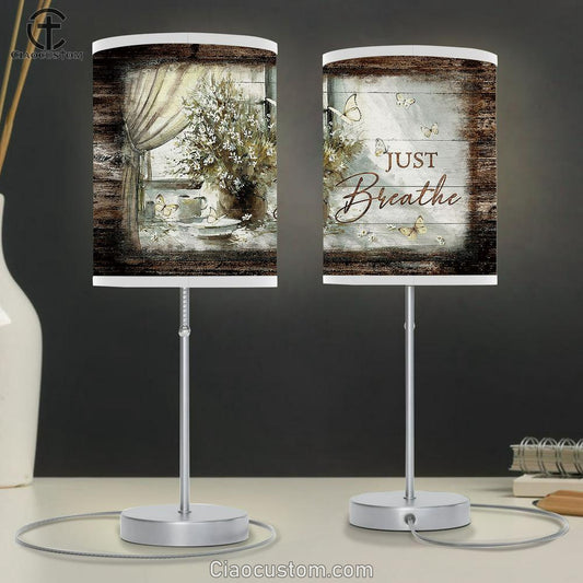 Just Breathe Flower Flower Vase Table Lamp For Bedroom - Bible Verse Table Lamp - Religious Room Decor