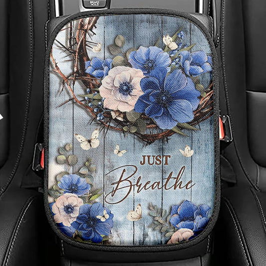 Just Breathe Flower Garden Hummingbird Seat Box Cover, Christian Car Center Console Cover, Religious Car Interior Accessories