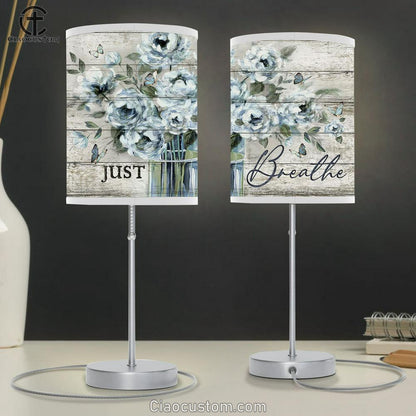 Just Breathe Flower Vase Blue Butterfly Table Lamp Art - Bible Verse Lamp Art - Room Decor Christian