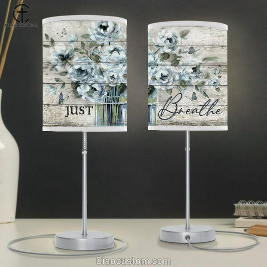 Just Breathe Flower Vase Blue Butterfly Table Lamp Art - Bible Verse Lamp Art - Room Decor Christian