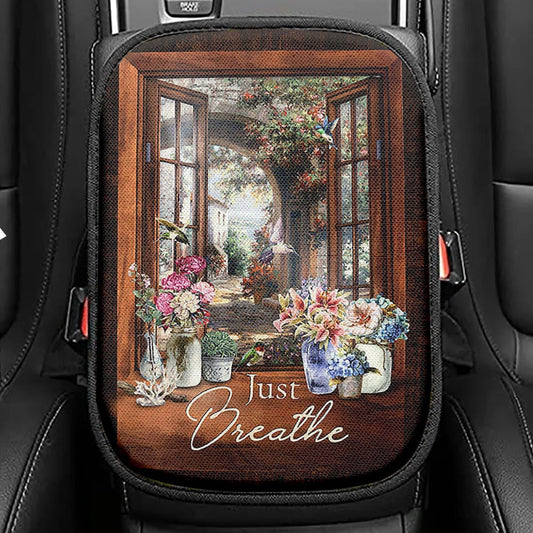 Just Breathe Flower Vase Butterfly Books Wooden Cross Seat Box Cover, Bible Verse Car Center Console Cover, Christian Car Interior Accessories