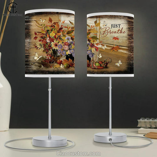 Just Breathe Flower White Butterfly Table Lamp Art - Christian Lamp Art Decor - Bible Verse Table Lamp