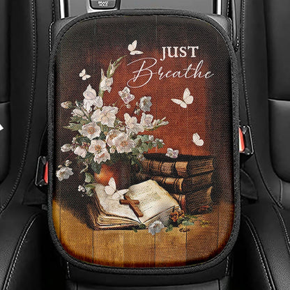 Just Breathe Flowerpot Hummingbird Seat Box Cover, Bible Verse Car Center Console Cover, Inspirational Car Interior Accessories